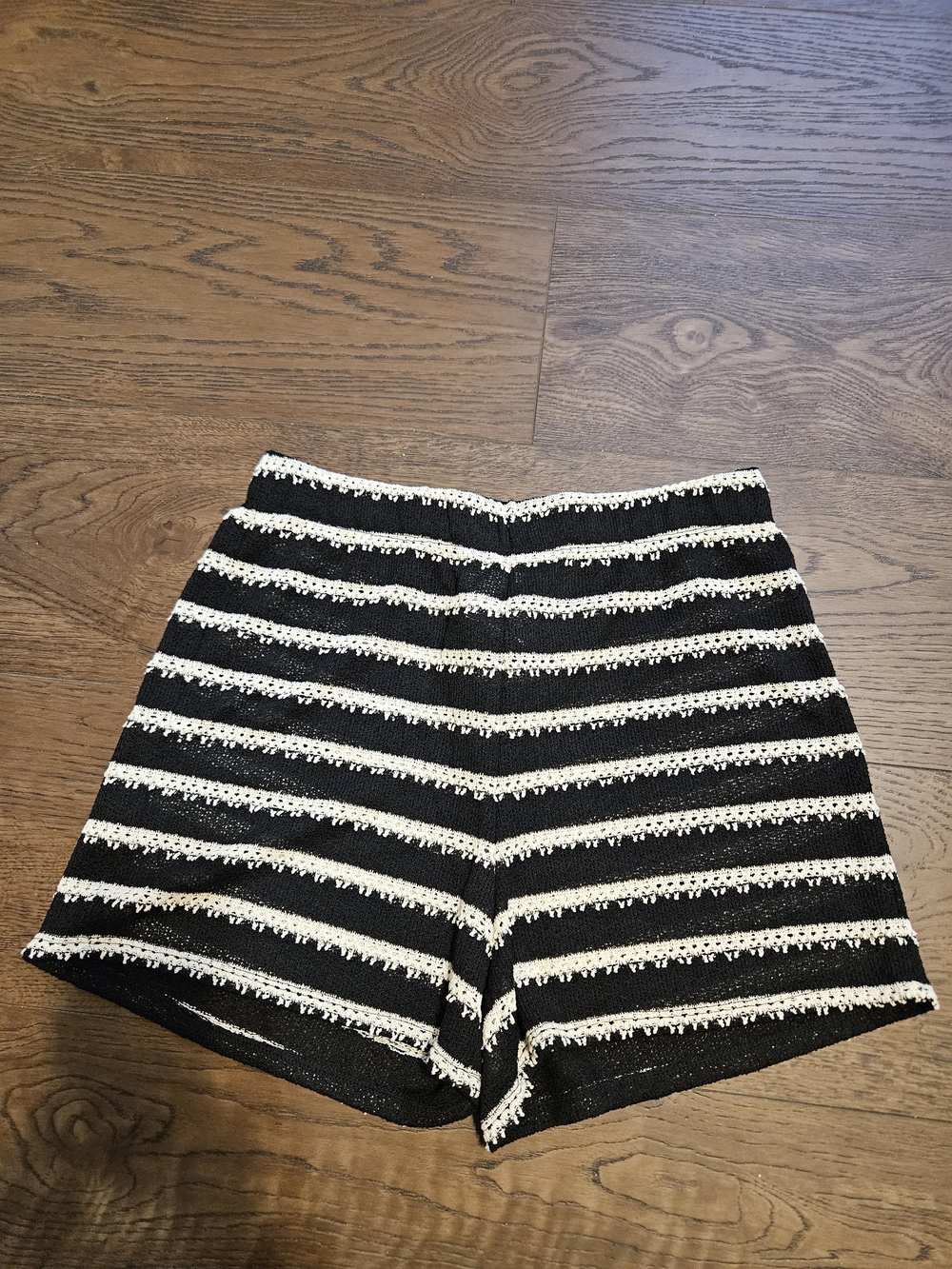 H&M Black and White Striped High-Waist Lace-Trim Shorts